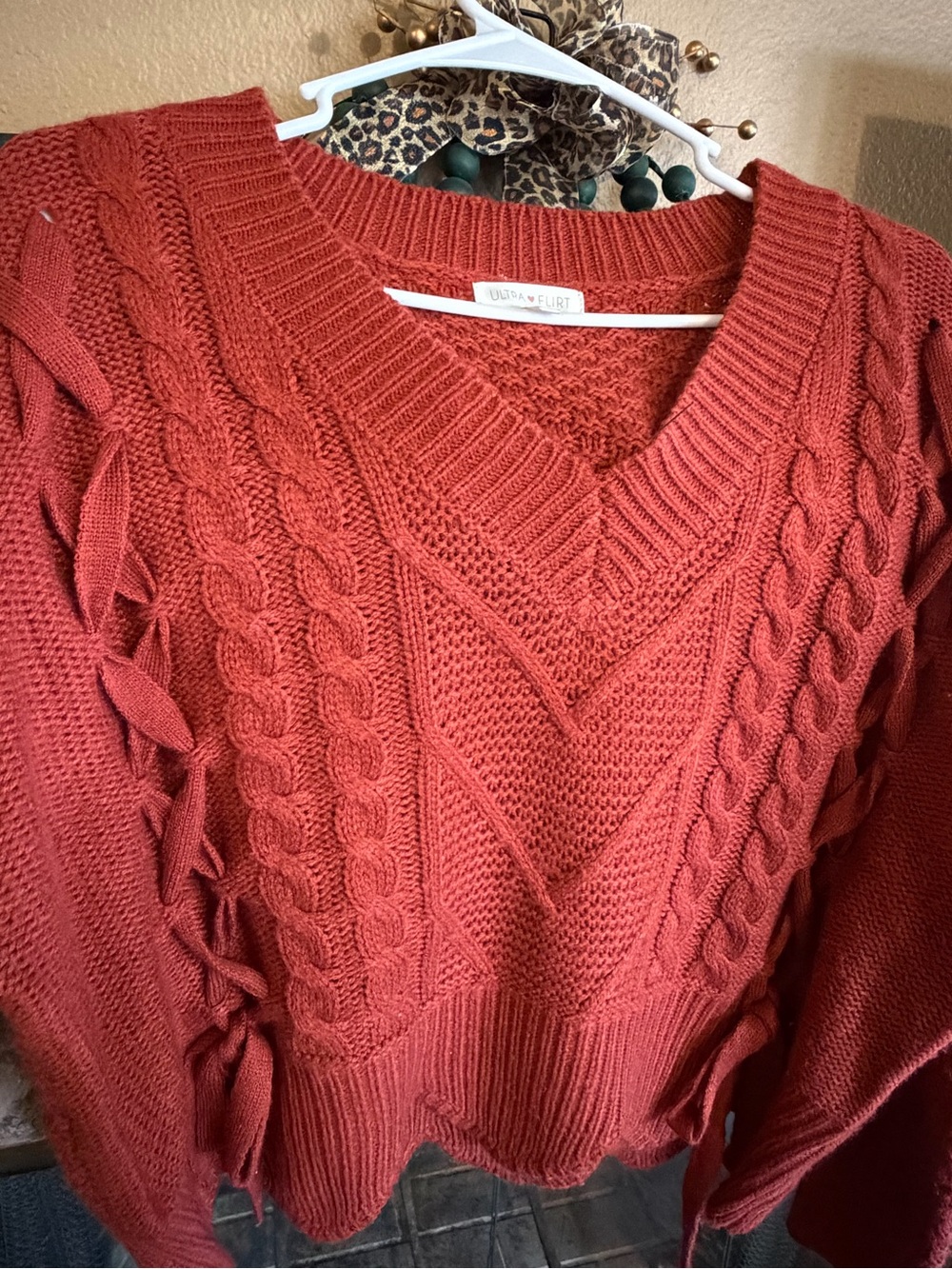 Ultra Flirt Rust Cable-Knit V-Neck Sweater